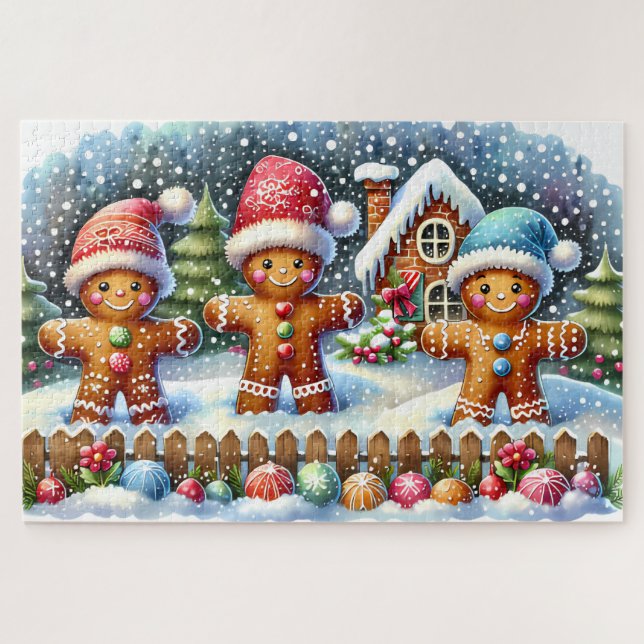 Gingerbread Family Snowy Christmas Scene Jigsaw Puzzle (Horizontal)