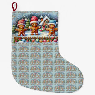 Gingerbread Family Snowy Christmas Scene Large Christmas Stocking