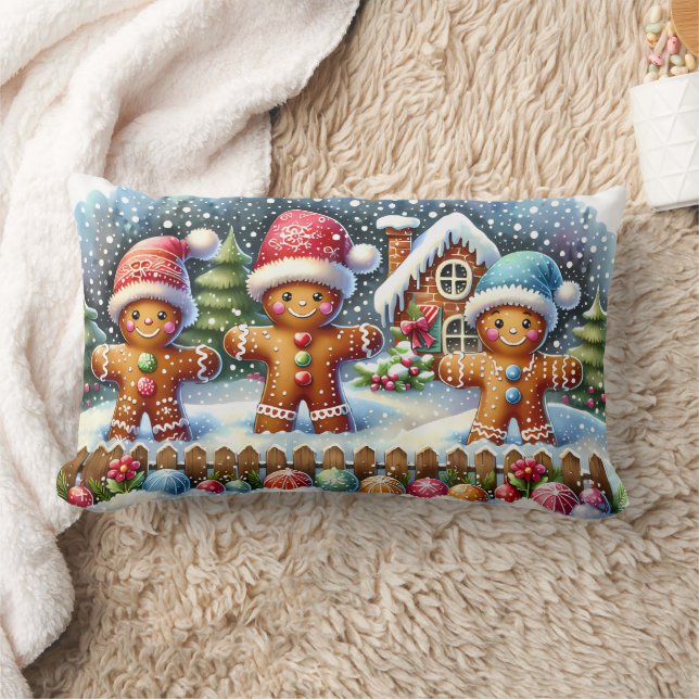 Gingerbread Family Snowy Christmas Scene Lumbar Cushion (Blanket)