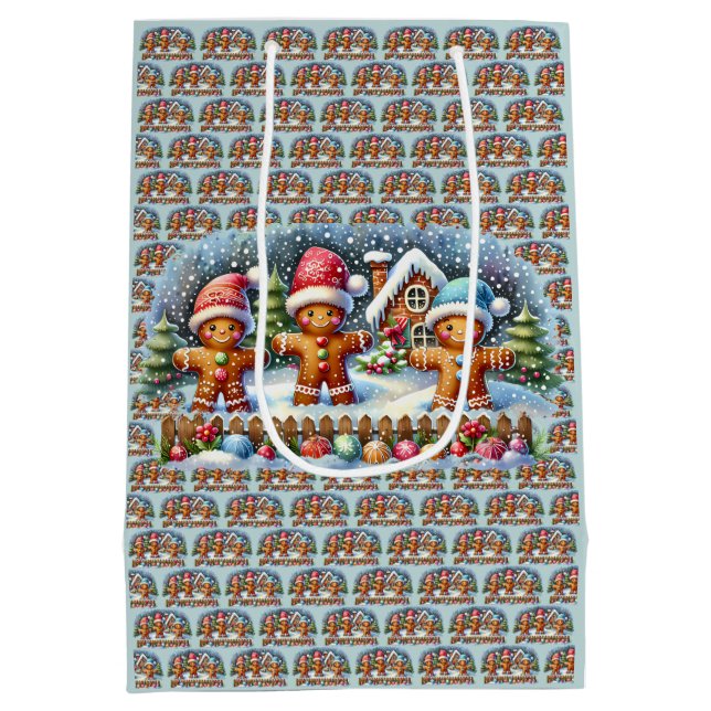 Gingerbread Family Snowy Christmas Scene Medium Gift Bag (Back)