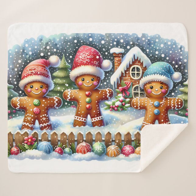 Gingerbread Family Snowy Christmas Scene Sherpa Blanket (Front (Horizontal))