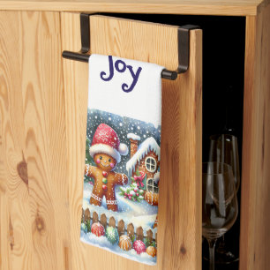 Gingerbread Family Snowy Christmas Scene Tea Towel