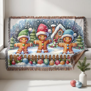 Gingerbread Family Snowy Christmas Scene Throw Blanket
