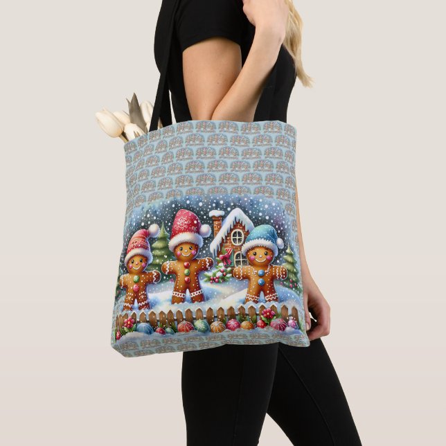 Gingerbread Family Snowy Christmas Scene Tote Bag (Close Up)