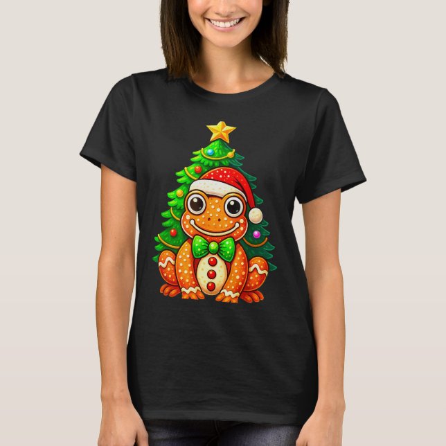 Gingerbread Frog Wearing Santa Hat Christmas Tree  T-Shirt (Front)
