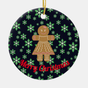 Gingerbread Girl and Green Snowflakes Ceramic Tree Decoration