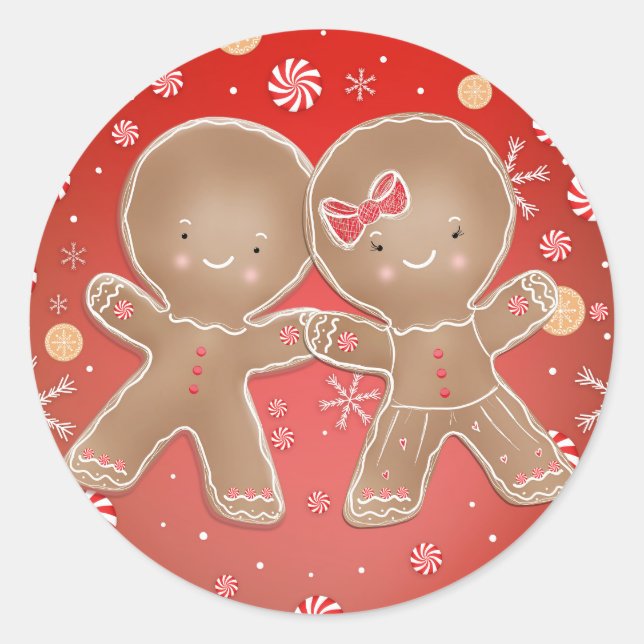 Gingerbread Girl Boy Peppermint Holiday Christmas Classic Round Sticker (Front)