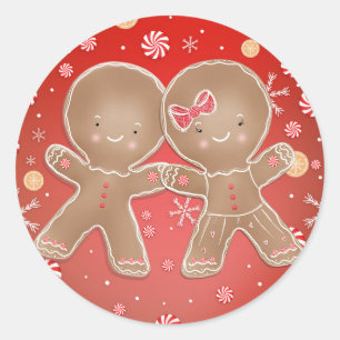 Gingerbread Girl Boy Peppermint Holiday Christmas Classic Round Sticker