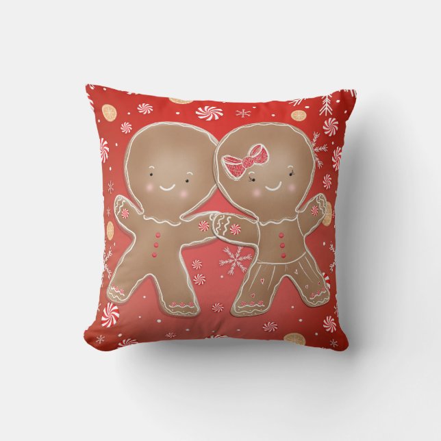 Gingerbread Girl Boy Peppermint Holiday Christmas Cushion (Front)