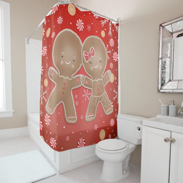 Gingerbread Girl Boy Peppermint Holiday Christmas Shower Curtain (In Situ)