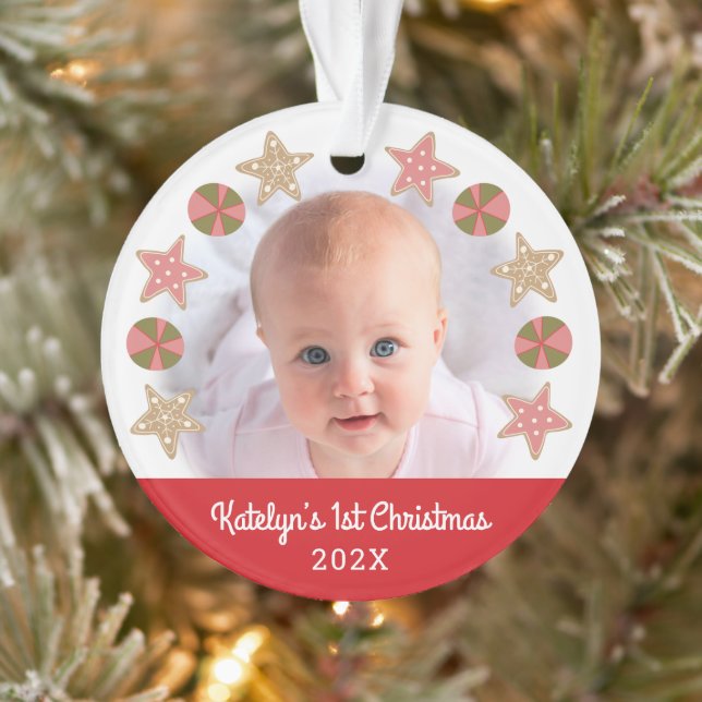 Gingerbread Girl Red Baby First Christmas Photo Ornament (Tree)