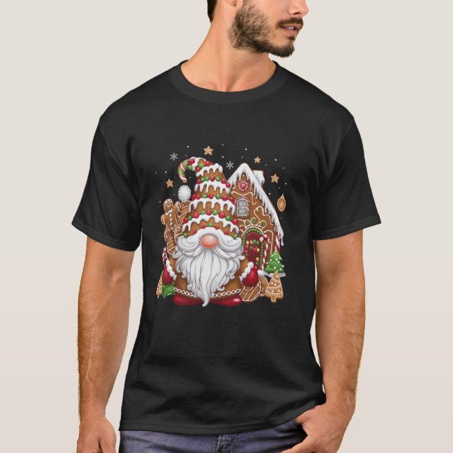 Gingerbread Gnome with Gingerbread House Christmas T-Shirt (Front)