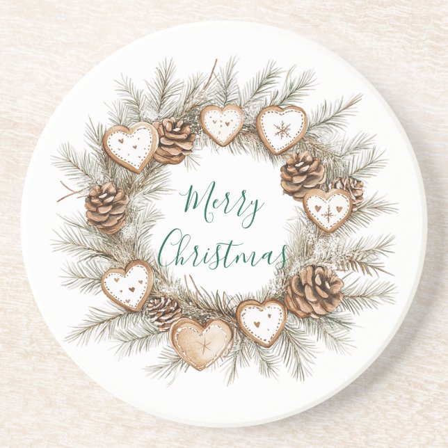Gingerbread Hearts Pine Cones Wreath Christmas Coaster (Front)