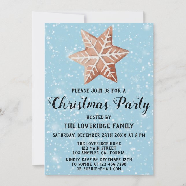 Gingerbread Holiday Christmas Party Star Blue Snow Invitation (Front)