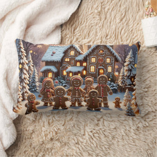 Gingerbread house and cute gingerbread family lumbar cushion