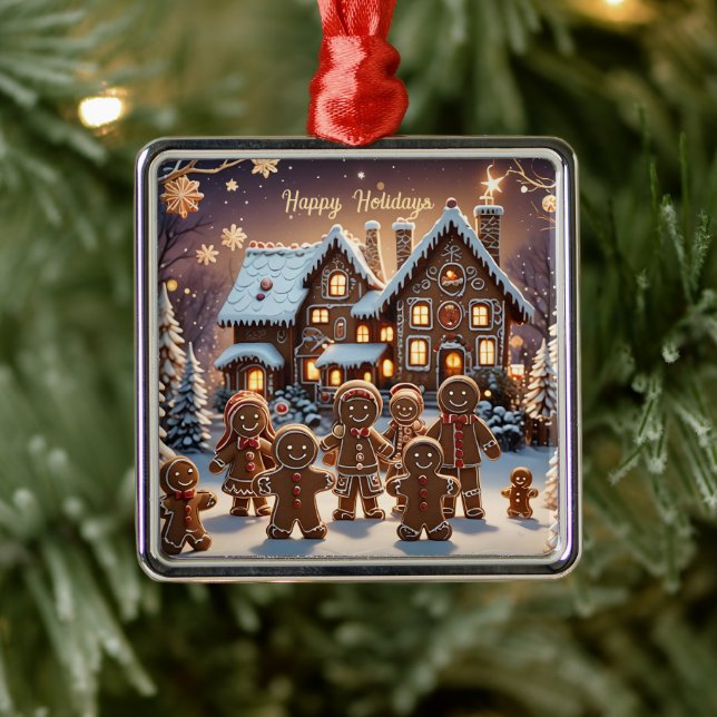 Gingerbread house and cute gingerbread family  metal ornament (Tree)