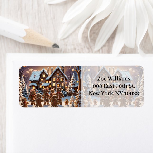 Gingerbread house and cute gingerbread family  return address label (Insitu)