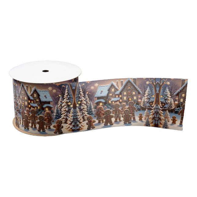 Gingerbread house and cute gingerbread family  satin ribbon (Spool)