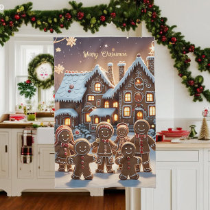 Gingerbread house and cute gingerbread family  tea towel