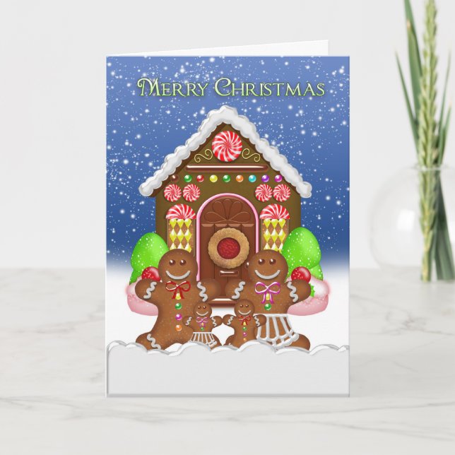 Gingerbread House and Family Christmas Greeting Ca Holiday Card (Front)