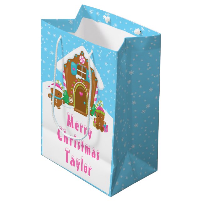 Gingerbread House Blue and Pink Merry Christmas Medium Gift Bag (Front Angled)