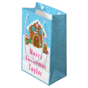Gingerbread House Blue and Pink Merry Christmas Small Gift Bag