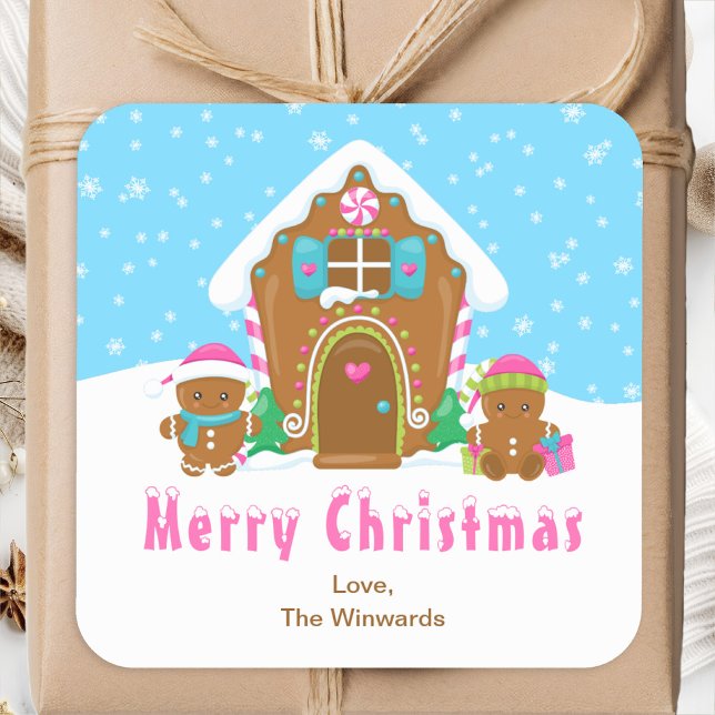 Gingerbread House Blue and Pink Merry Christmas Square Sticker (Creator Uploaded)