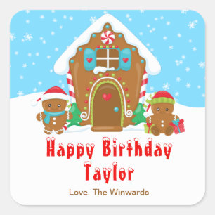 Gingerbread House Blue and Red Happy Birthday Square Sticker