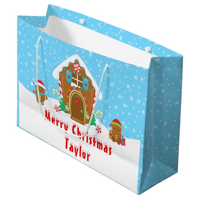 Gingerbread House Blue and Red Merry Christmas Large Gift Bag (Front Angled)