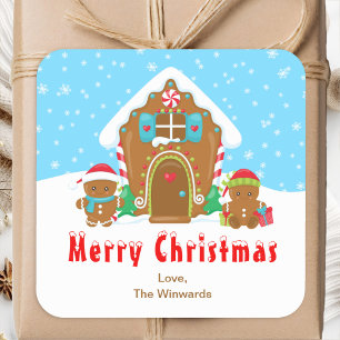 Gingerbread House Blue and Red Merry Christmas Square Sticker