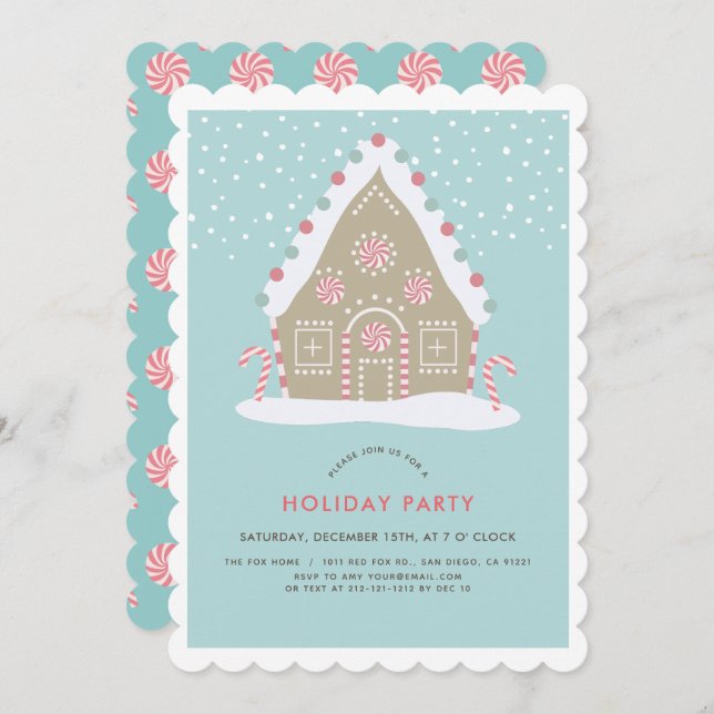 Gingerbread House Blue Holiday Party Invitation (Front/Back)
