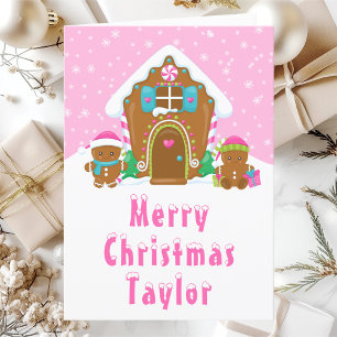 Gingerbread House Bright Pink Merry Christmas Holiday Card