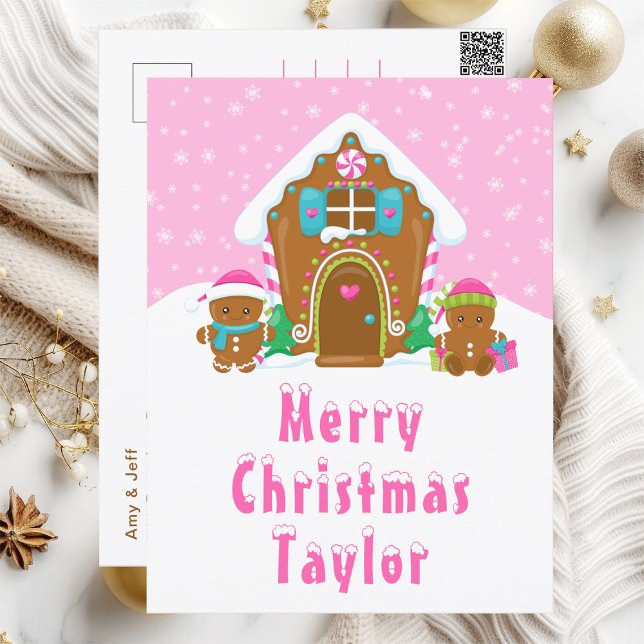 Gingerbread House Bright Pink Merry Christmas Holiday Postcard (Creator Uploaded)