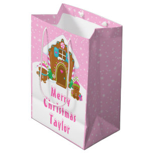 Gingerbread House Bright Pink Merry Christmas Medium Gift Bag