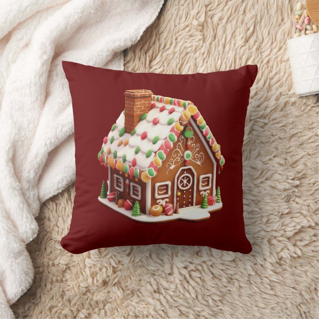 Gingerbread House Burgundy Red Christmas Holiday Cushion (Blanket)