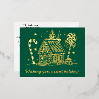 Gingerbread House | Candy Cane Green Foil Holiday Postcard