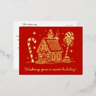 Gingerbread House | Candy Cane Red Foil Holiday Postcard