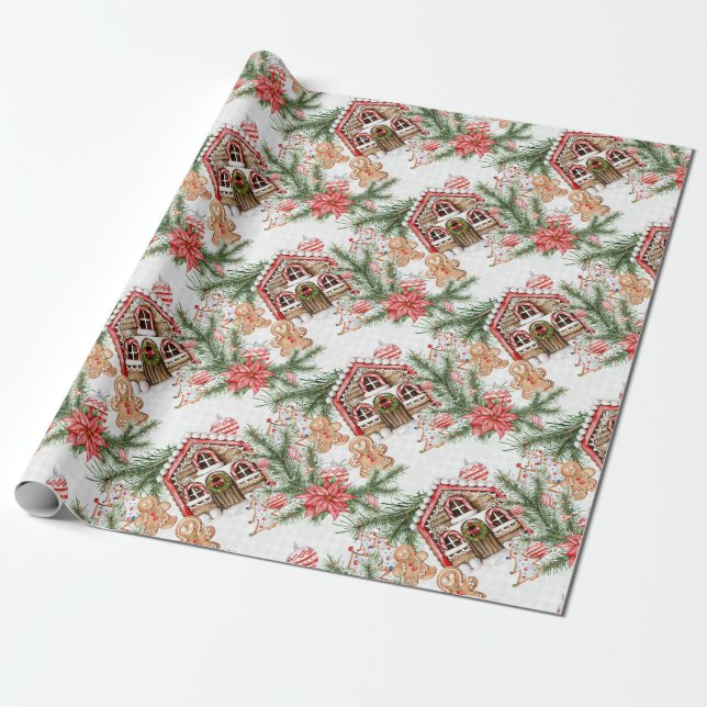 Gingerbread House Candy Cane Retro Christmas Gift Wrapping Paper (Unrolled)