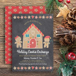 Gingerbread House Christmas Cookie Exchange Party Invitation<br><div class="desc">A cute, whimsical gingerbread house, gingerbread girl and boy, stars, hearts and candies, along with playful script typography, overlay a dark charcoal gray chalkboard background and help you usher in the holiday party season. A peppermint candy pattern over a red background adorns the back. Celebrate with family and friends while...</div>