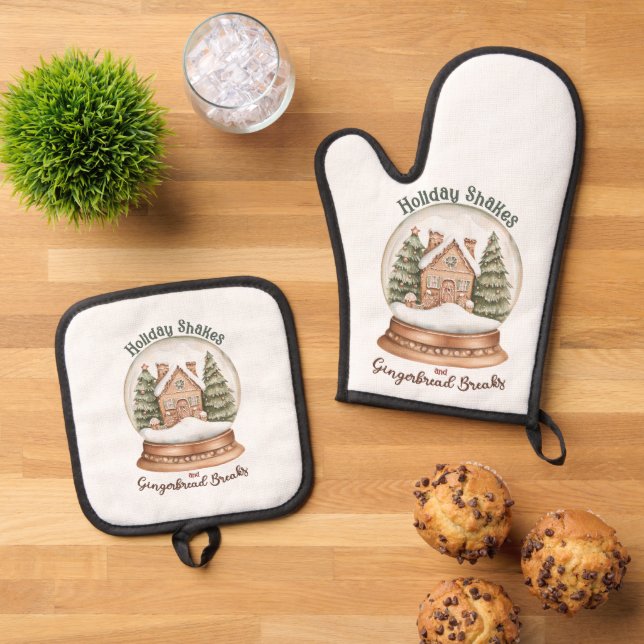 Gingerbread House Christmas Holiday Snow Globe Oven Mitt & Pot Holder Set (Top Down)