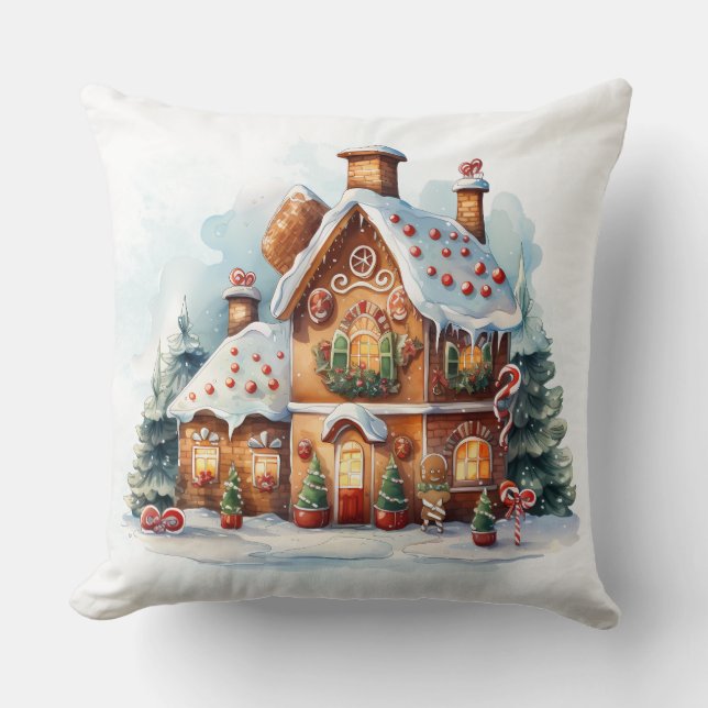 Gingerbread House Christmas Holiday Throw Pillow (Front)