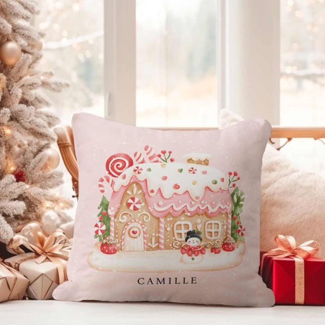 Gingerbread House Christmas Party Cushion (Kids Christmas Personalized Decorative Pillow)