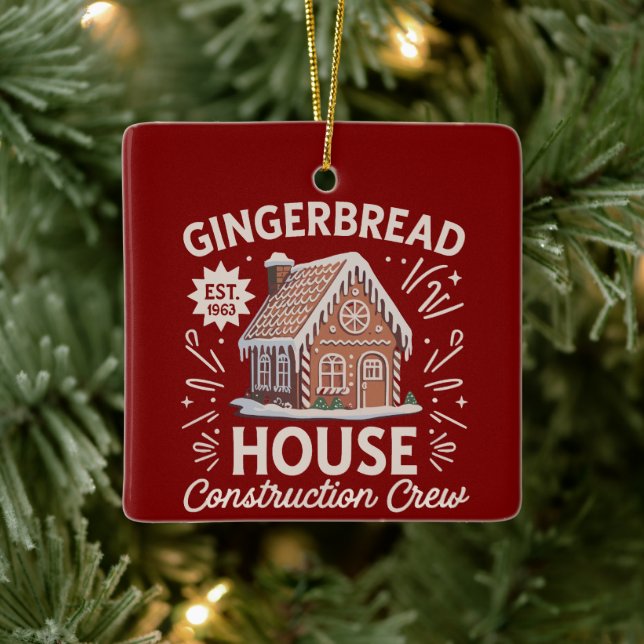 Gingerbread House Construction Crew Funny Xmas  Ceramic Ornament (Tree)