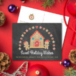 Gingerbread House Cookie Sweet Wishes Chalkboard Holiday Postcard<br><div class="desc">“Sweet Holiday Wishes”. A cute, whimsical gingerbread house, gingerbread girl and boy, stars, hearts and candies, along with playful script typography, overlay a dark charcoal grey chalkboard background and help you usher in the holiday party season. A sweet cookie wreath and your custom note is on the back. Celebrate with...</div>