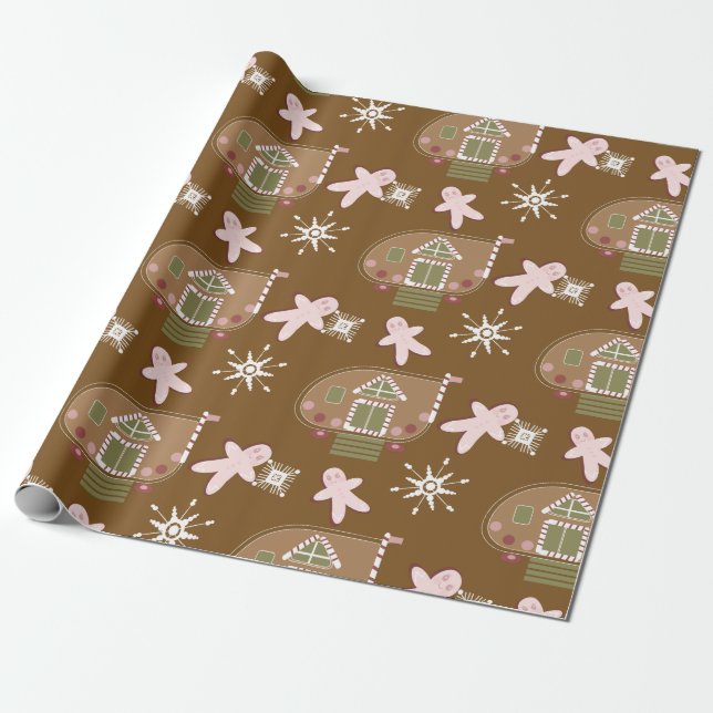 Gingerbread House Cookies Pink Snowflakes  Wrapping Paper (Unrolled)