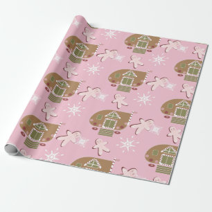 Gingerbread House Cookies Pink Snowflakes Wrapping Paper