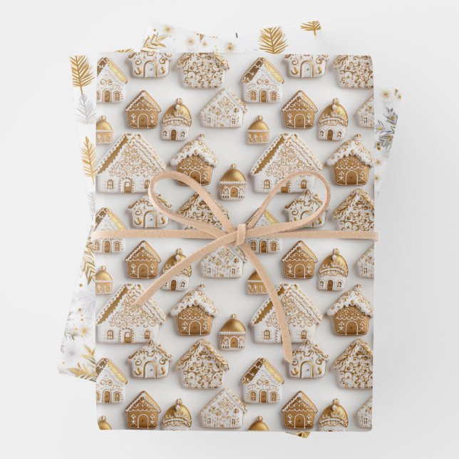 Gingerbread House Cookies Snowfake Christmas Wrapping Paper Sheet (In situ)