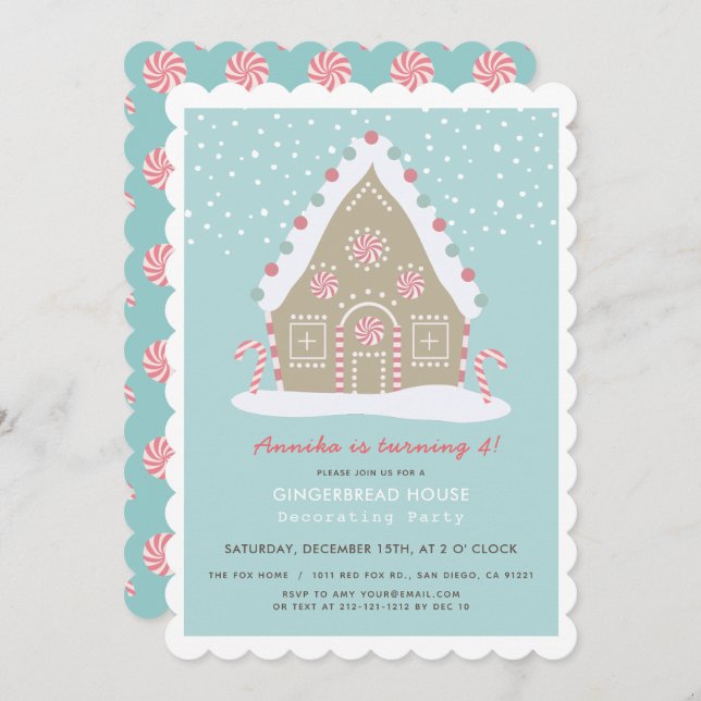 Gingerbread House Decorating Blue Birthday Party Invitation (Front/Back)