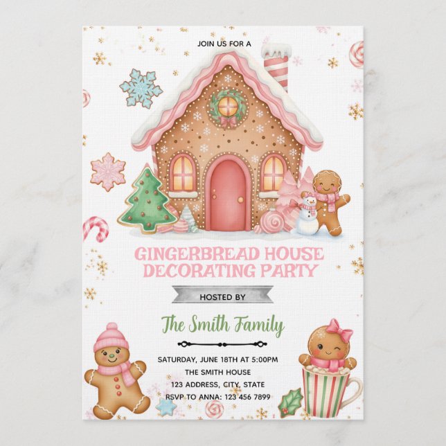Gingerbread House Decorating pink theme Invitation (Front)