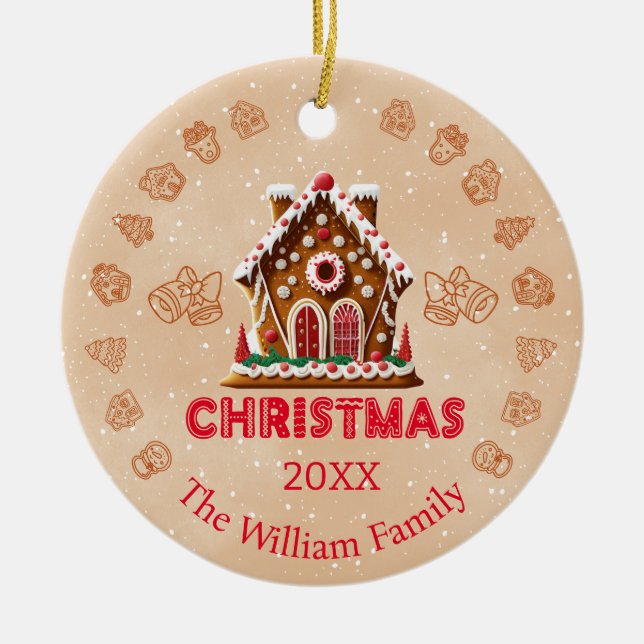 Gingerbread House| Family Name| 1 photo  Ceramic Ornament (Front)